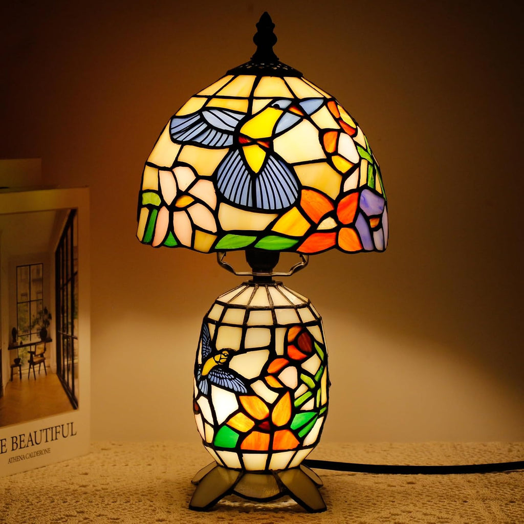 Small Tiffany Lamp Stained Glass Table Lamp Mini Mother Daughter Vase Desk Accent Light for Bedroom Bedside Reading Home Antique Style Decor 8X14 Inches (Hummingbird)