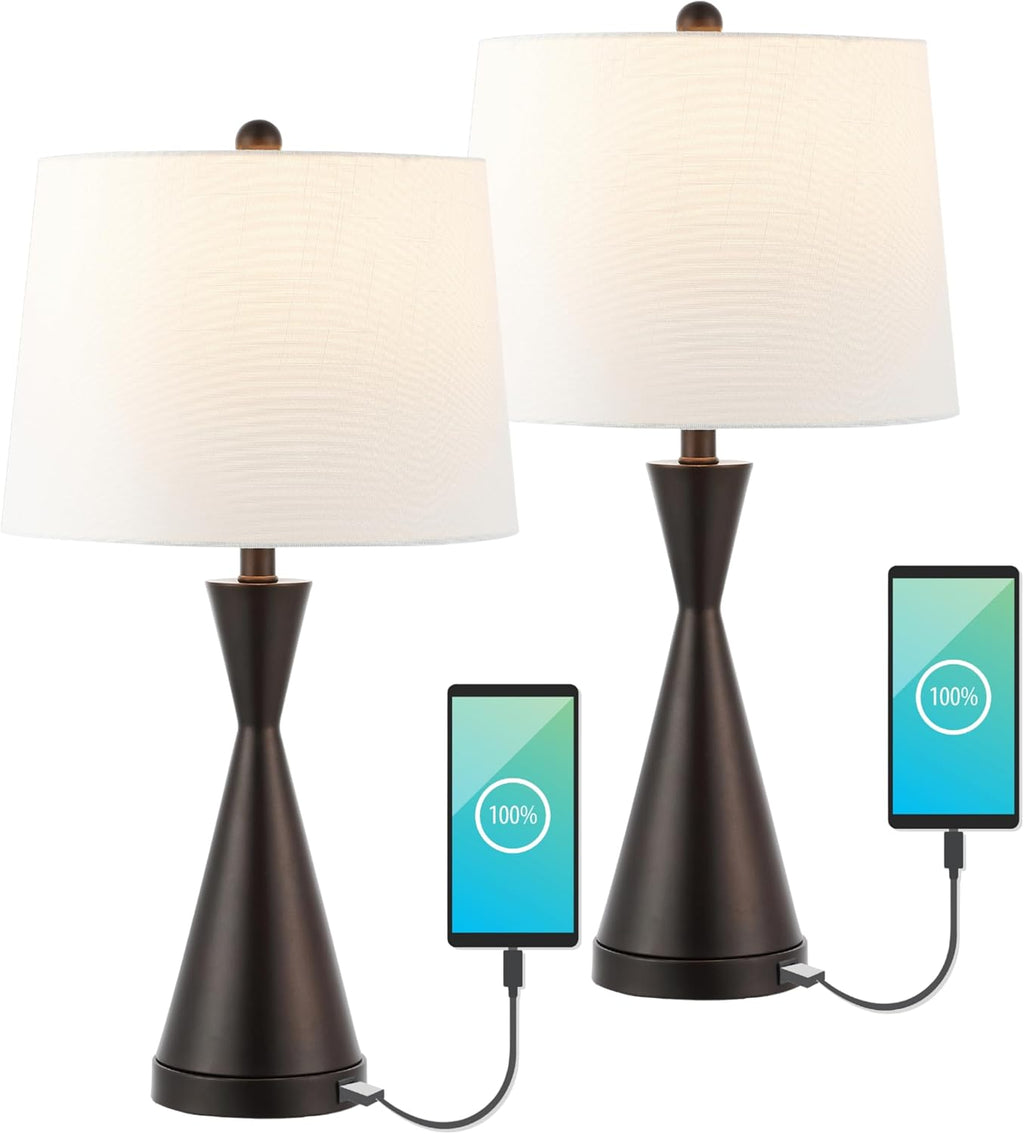 JONATHAN Y 26' Oil Rubbed Bronze Classic Iron LED Table Lamp with USB Port, Set of 2 for Bedroom, White Linen Shade, Farmhouse Midcentury Modern Bedside Nightstand Lamps, LED Bulbs (JYL4046C-SET2)
