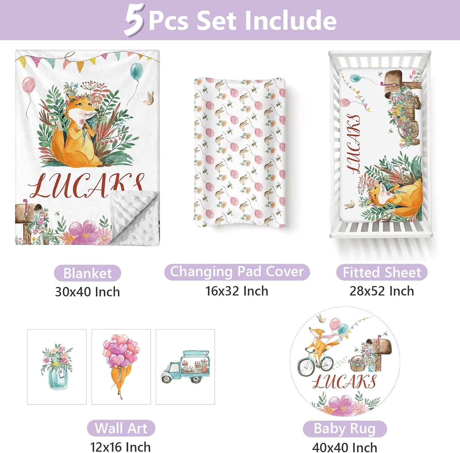 Custom Baby Crib Bedding Set, 5 PCS Personalized Name Baby Crib Sets for Girls Boys, Fox Theme Nursery Bedding Sets for Infant Toddler, Double Layer Flannel Bed Set Customized Gifts
