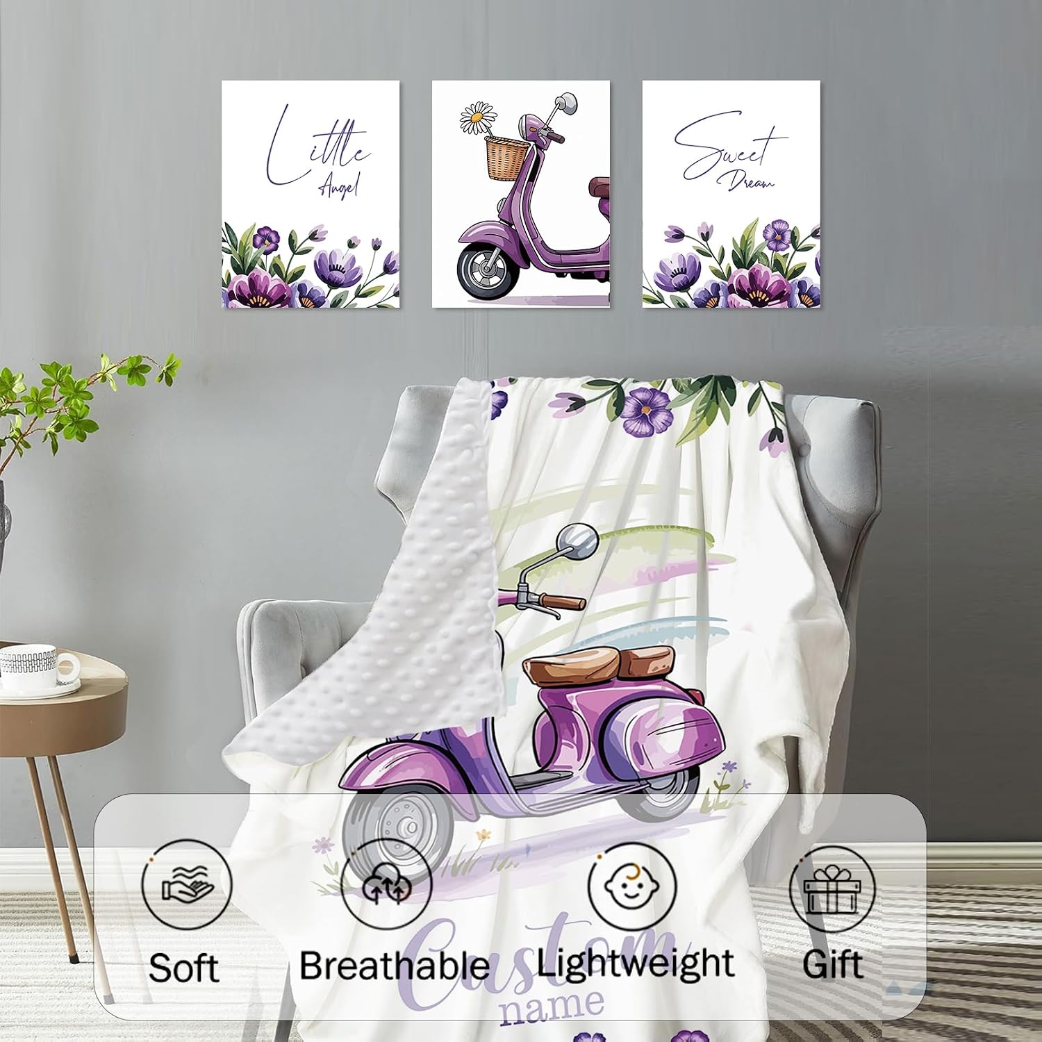 Personalized Crib Bedding Set for Girls, Custom Name Baby Crib Sets 5-Pcs Include Toddler Double Layer Blanket Fitted Sheet Changing Pad Cover Rug Wall Art Set, Electric Bicycles Pattern Nursery Décor