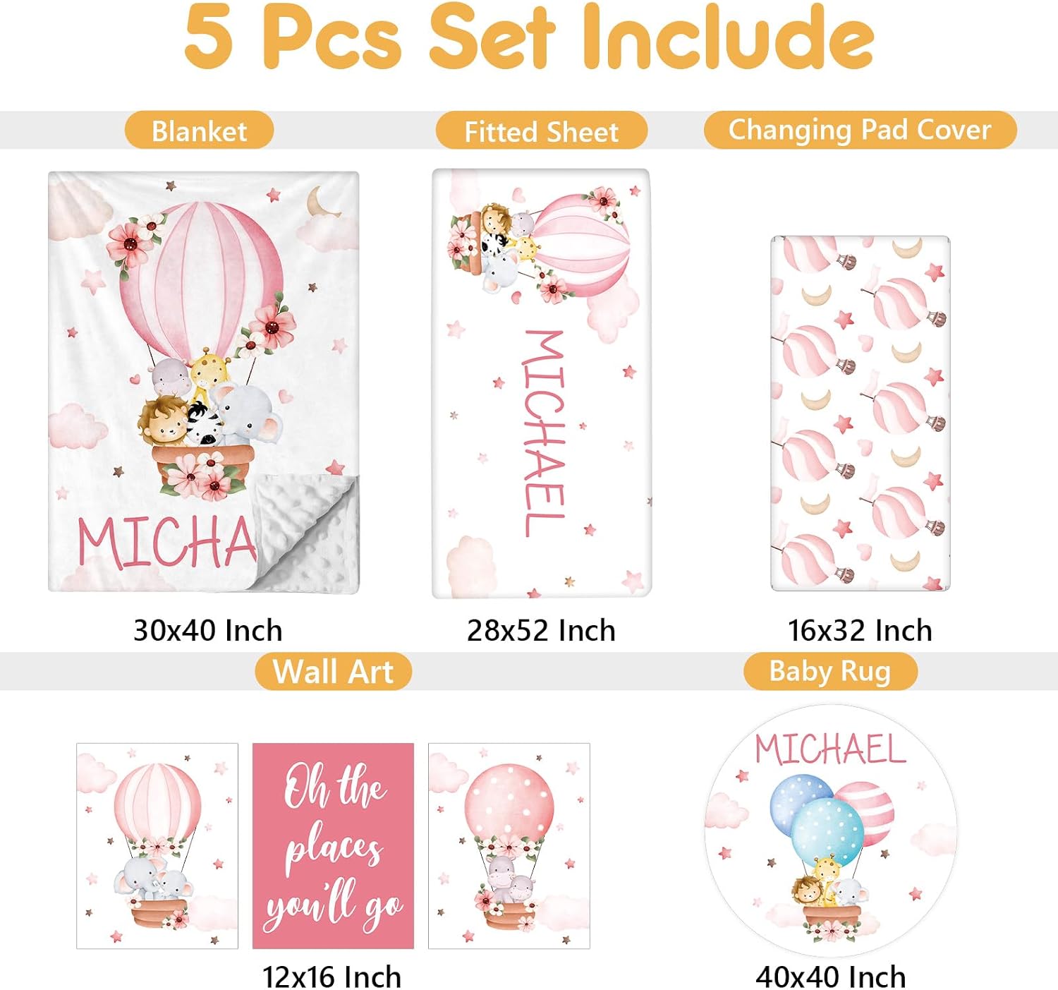 Terwex Personalized Baby Bedding Set, 5 Pcs Custom Infants Bedding Set with Infant Name, Double Layer Crib Set for Boys Girls, Customized Gifts for Nursery Toddlers Baby Shower, Hot Air Balloon Animal