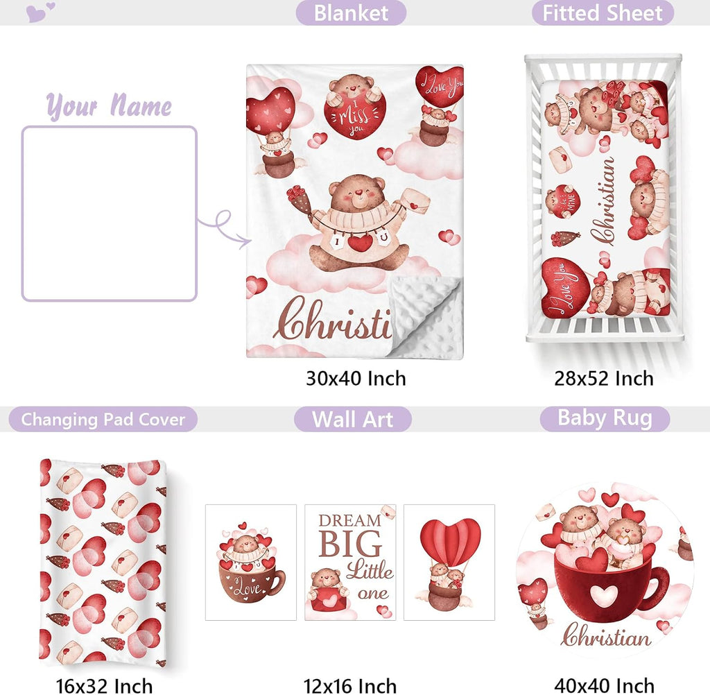 Custom Baby Crib Bedding Set, 5 PCS Personalized Name Baby Crib Sets for Girls Boys, Lovely Bear Theme Nursery Bedding Sets for Infant Toddler, Double Layer Flannel Bed Set Customized Gifts
