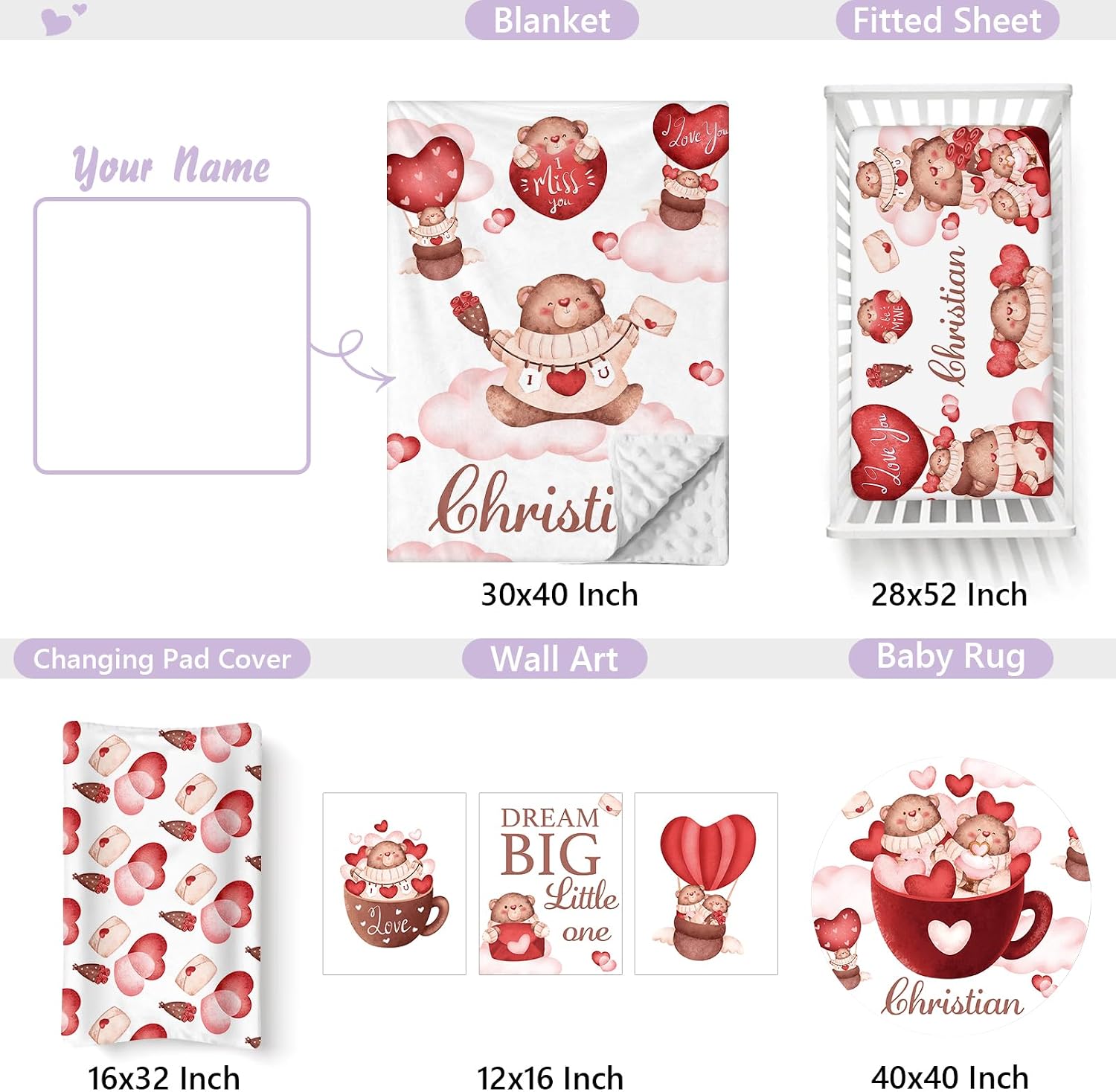 Custom Baby Crib Bedding Set, 5 PCS Personalized Name Baby Crib Sets for Girls Boys, Lovely Bear Theme Nursery Bedding Sets for Infant Toddler, Double Layer Flannel Bed Set Customized Gifts
