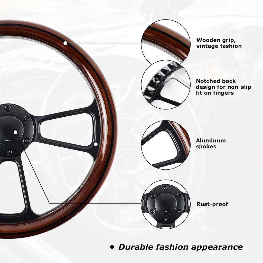 14 Inch Universal Wooden Racing Steering Wheel 6 Bolt Black Aluminum 3 Spoke Vintage with Horn Button for Racing/Rally/Motorsports Black Line Steering Wheel