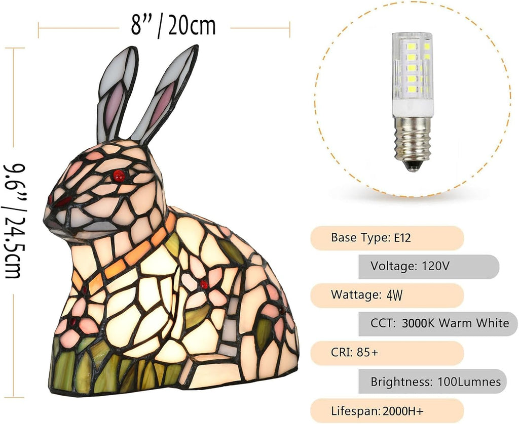 A0012 Tiffany Style Lovely Ratbbit Table Lamp Handmade Stained Glass Animal Night Light, Bunny Accent Table Lamp for Livingroom Bedroom Home Decoration