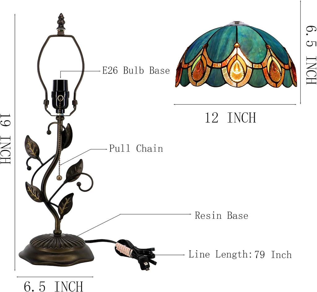 Tiffany Table Lamp, Stained Glass Style Desk Lamp, 12X12X19 Inch,Bedside Reading Light, Metal Leaf Base（Peacock Crystal Style