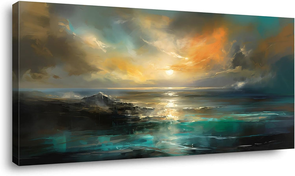 Lasdel Ocean Sunset Landscape Canvas Wall Art for Living Room Bedroom Home Decoration, Beautiful Nature Scenery Oil Painting Print Picture Decor Artwork, Gallery Wrapped Gift Inner Frame 28x58 Inches