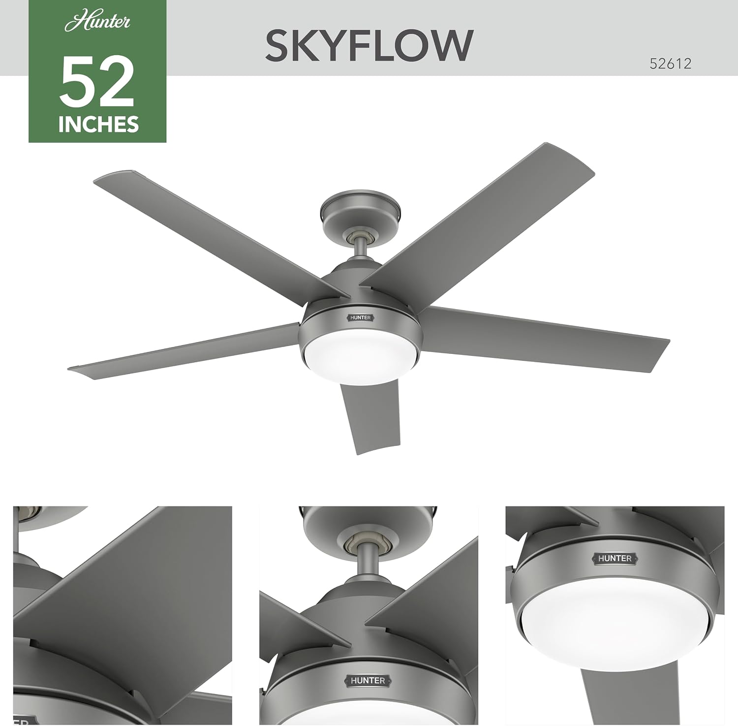 Hunter Skyflow 52 inch Indoor/Outdoor Ceiling Fan with Light and Wall Control, Matte Silver Ceiling Fan, 3 Speed WhisperWind Motor, 52612, for Coastal Patios, Pergolas, Bedrooms, or Living Rooms