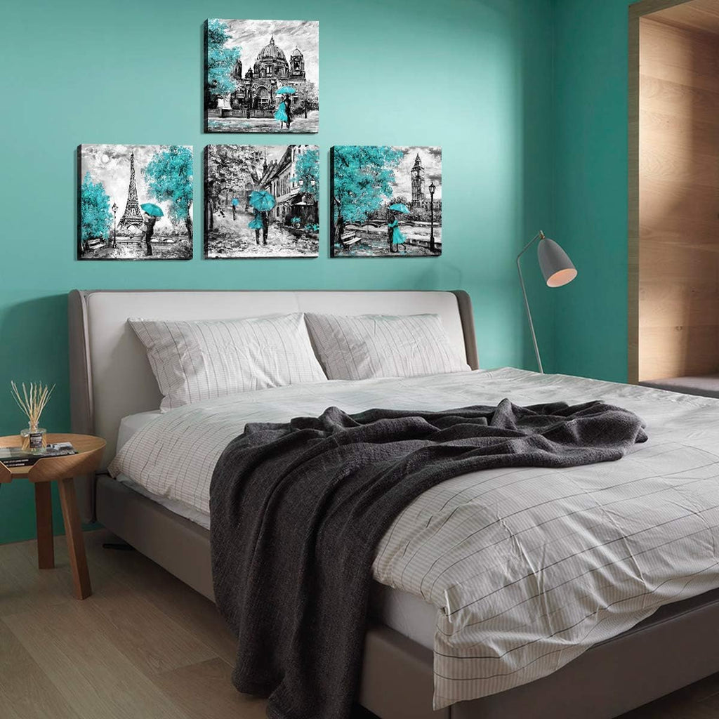 Teal Eiffel Tower Wall Decor Paris Theme Wall Art for Bedroom Black and White Berlin Street Canvas Prints London Big Ben Paintings Pictures Modern Romantic Artwork Home Decorations 24x24' 4Pcs/Sets