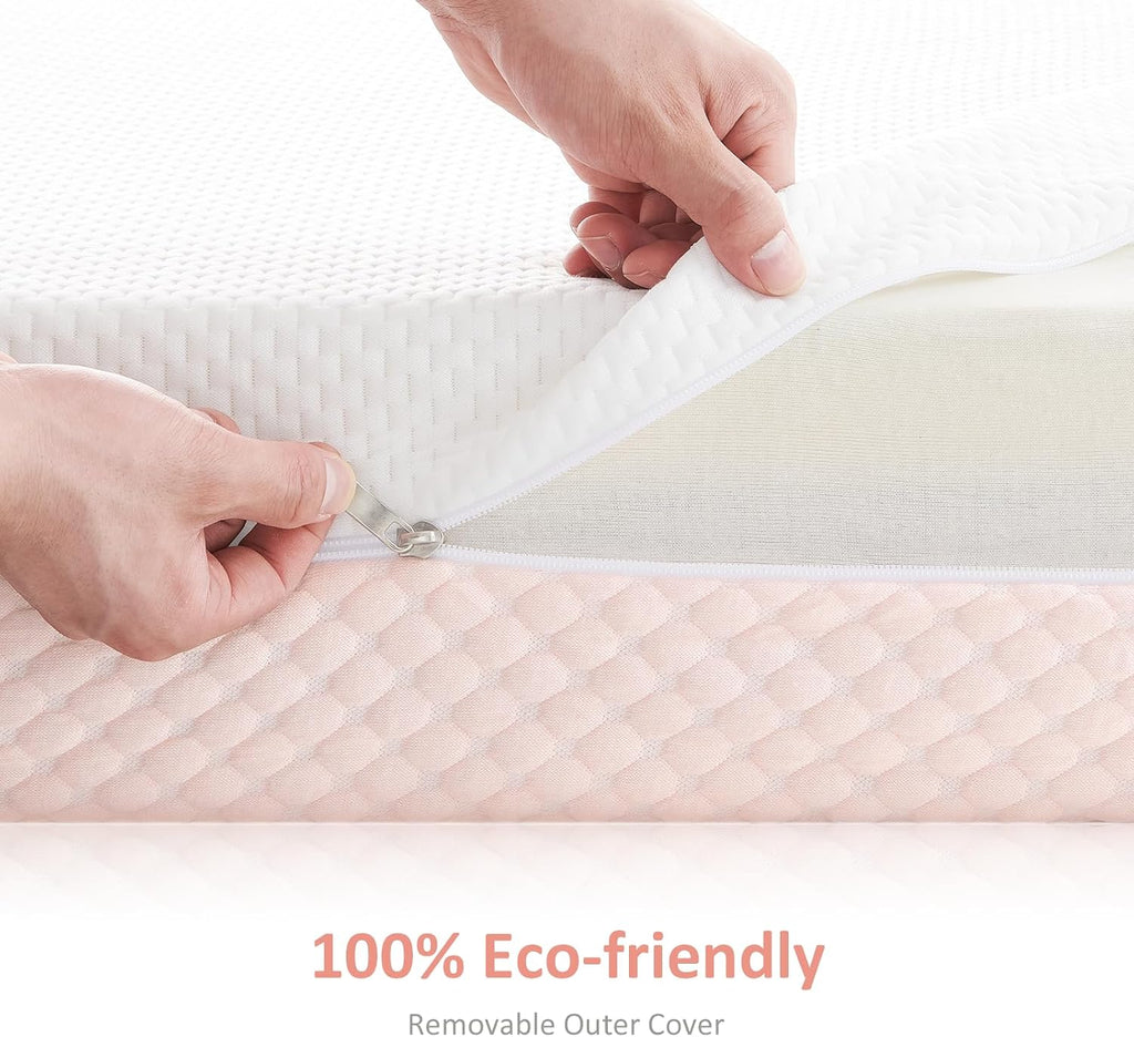 Dourxi Crib Mattress, Dual Sided Comfort Memory Foam Toddler Bed Mattress, Triple-Layer Breathable Premium Baby Mattress for Infant and Toddler w/Removable Outer Cover - White&Pink