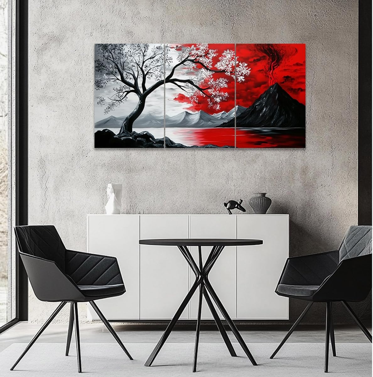CCWACPP Black and Red 3pc Wall Art Abstract Seascape Paintings Cloud Tree Art Prints Landscape Canvas Pictures Modern Living Room Bedroom Home Decor Framed (24'x36'x3)