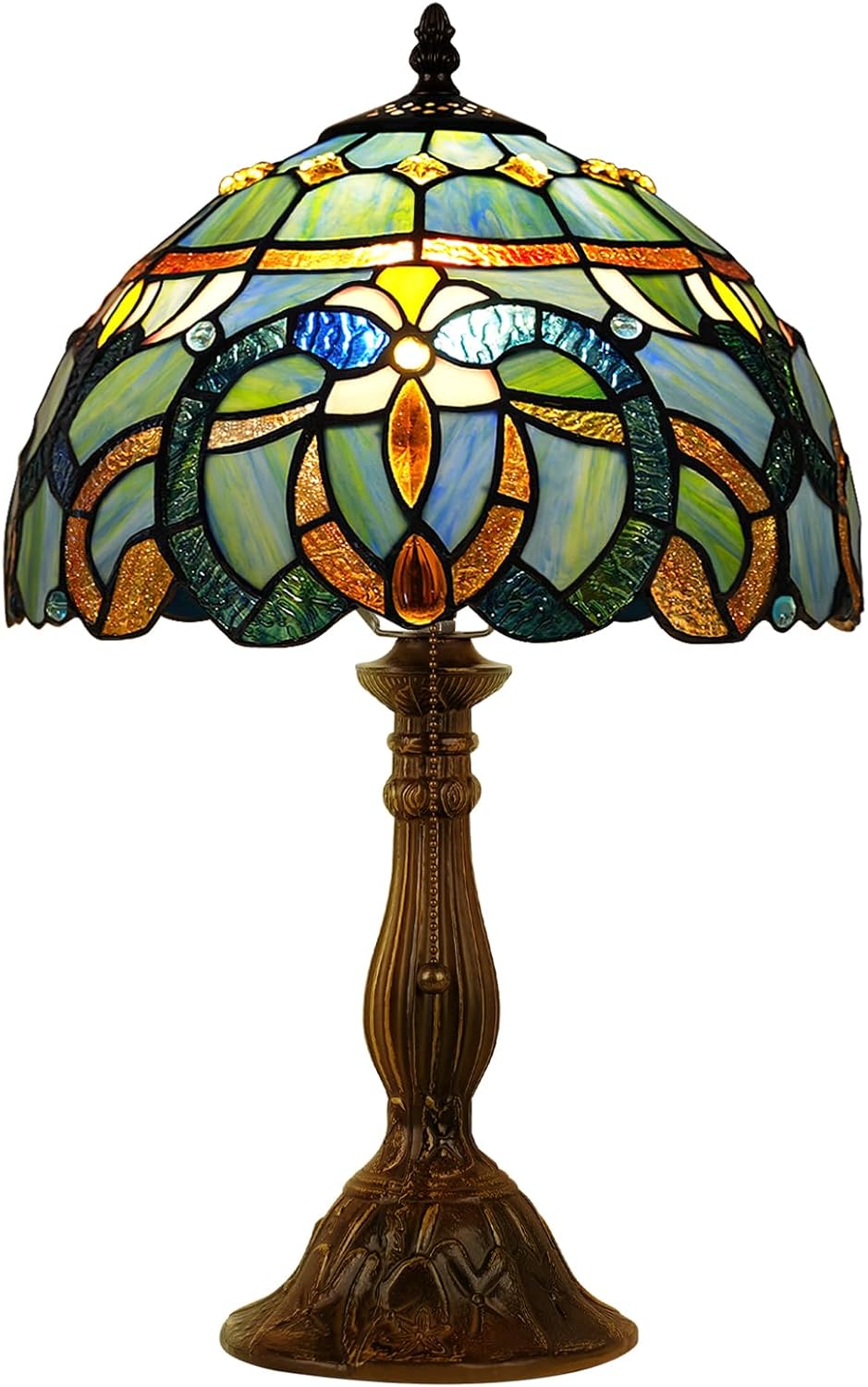MOAN Lamp Stained Glass Table Lamp 12X12X19 Inch Bedside Reading Light Antique Bronze Base(Blue Baroque Style)