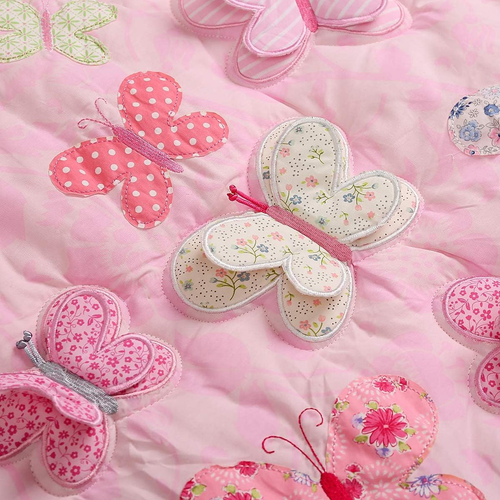 5 PCs Cotton Pink Embroidery Butterfly Nursery Crib Bedding Set Heavy Duty Cotton Butterfly Themed Baby Girl Cot Bedding Set Quilt /Fitted Sheet x 2/ Diaper Storage Bag /Window Valance , 28 X 52