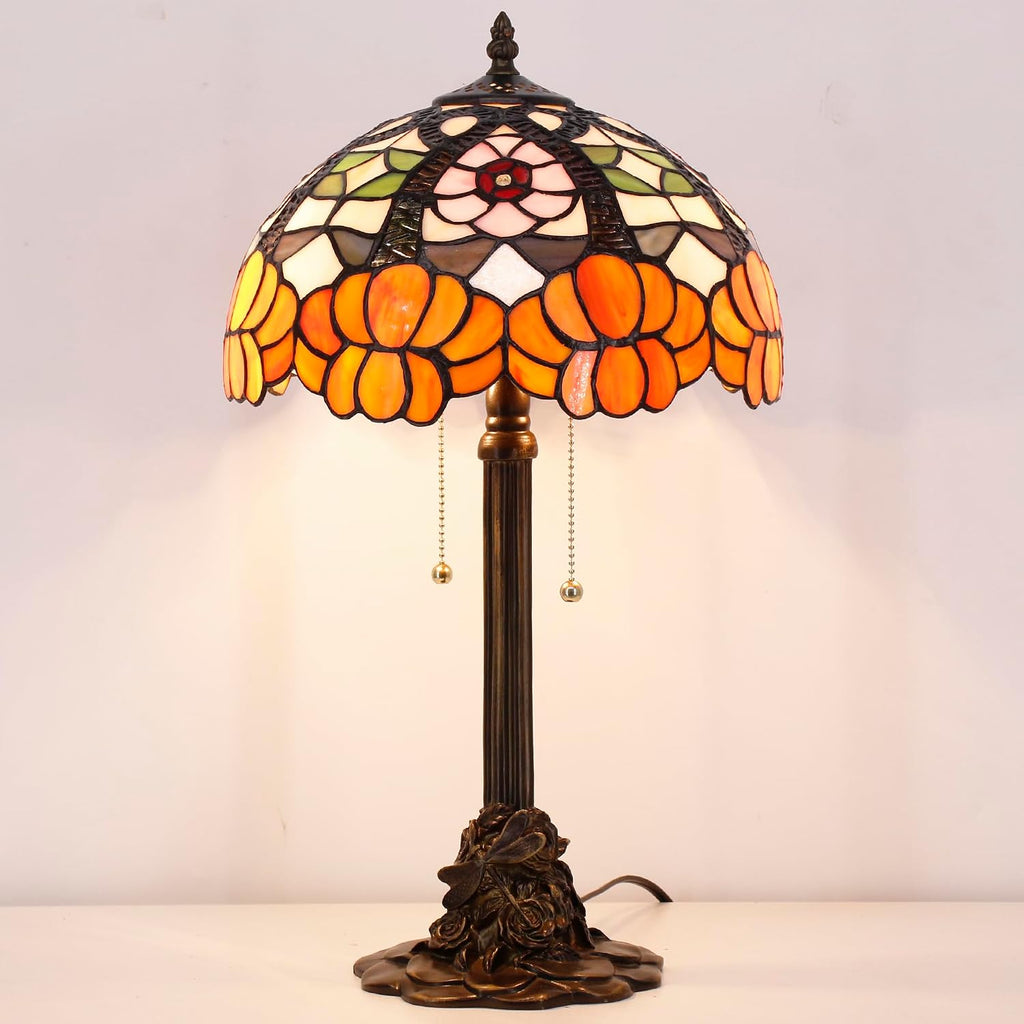Tiffany Table Lamp Stained Glass Desk Lamp 12X12X21Inch Resin Base for Bedroom Living Room Reading Light (Orange Flower)