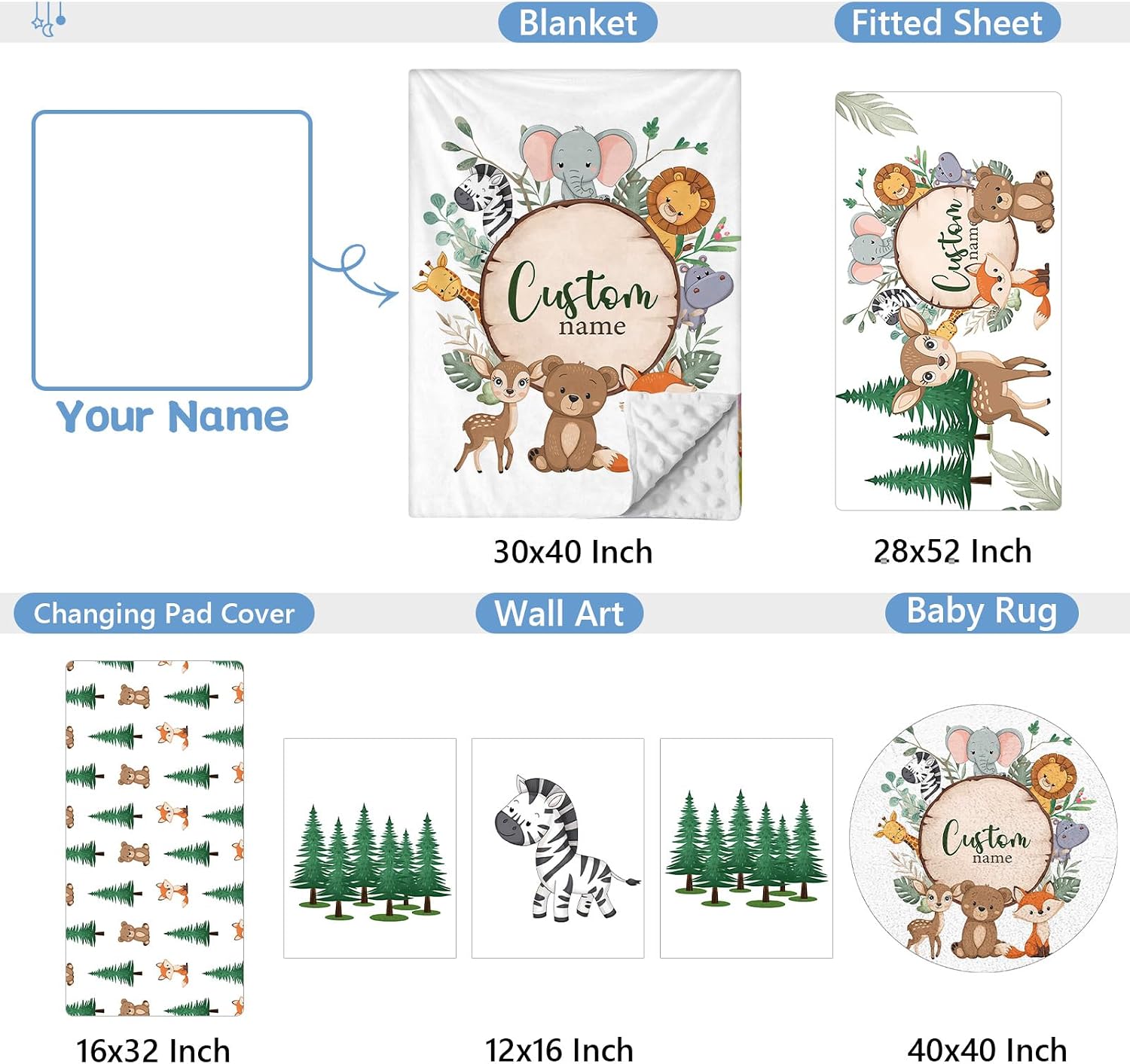 KAINSY Personalized Baby Crib Bedding Set, 5 Pcs Custom Nursery Bedding Set for Girl Boy, Soft Jungle Animals Crib Set with Name, Double Layer Baby Bedding Crib Set, Toddlers Infants Customized Gift