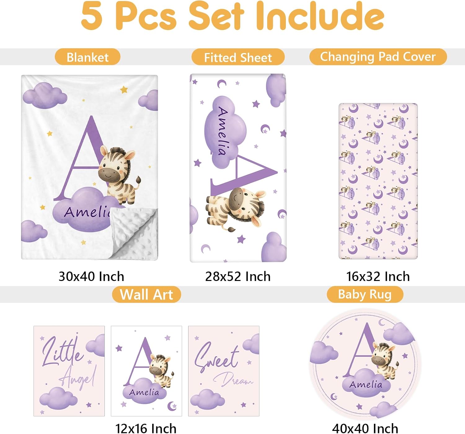 Terwex Personalized Baby Crib Bedding Set, 5 Pcs Custom Name Nursery Bedding Set, Purple Zebra Baby Bedding Set for Boys Girls, Double Layer Crib Sets, Customized Gifts for Infant Toddler New Parents