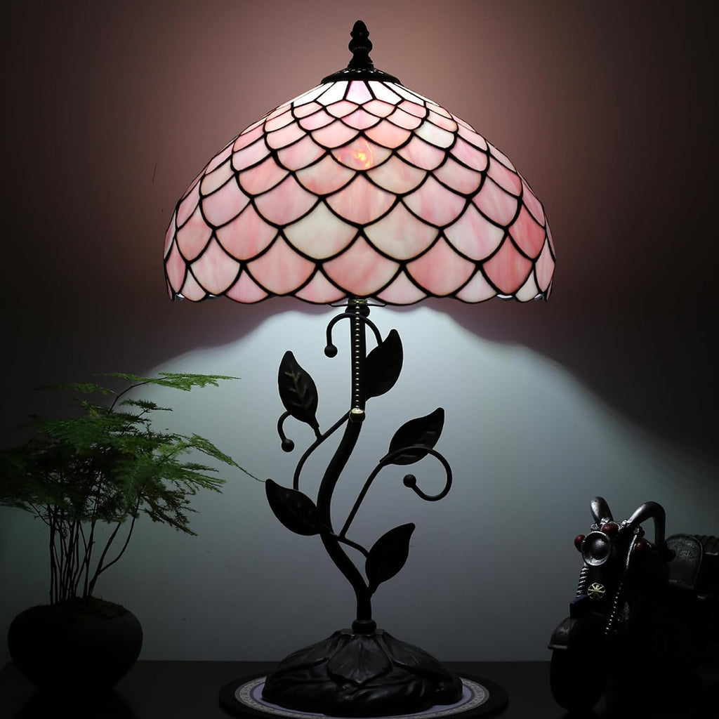 Tiffany Lamp Stained Glass Style Table Lamp Pink Fishscale Style Bedside Desk Reading Light W12H19 Inch Metal Leaf Base with Metal Leaf Base