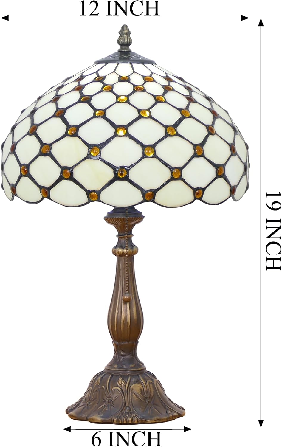 Tiffany Lamp Stained Glass Table Lamp Antique Bedside Reading Light W12H19 Inches (Cream Amber Pearl)