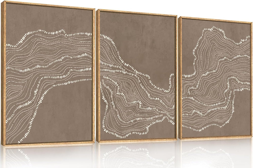 Abstract Line Wave Framed Canvas Wall Art Set,Geometric White Tan Dot Art Painting,Modern Minimalism Wall Decor,Neutral Art Print for Living Room,Bedroom,Dining Room,Office Decor-24 x36 x3