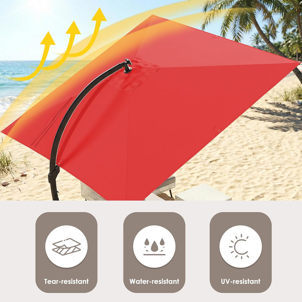 ENSTVER 11x11ft Large Cantilever Umbrella With Base Included & Solar Powered Led Lights, Deluxe Curvy All-Aluminum Rectangular Patio Umbrella For Deck, Pool And Backyard (Red)