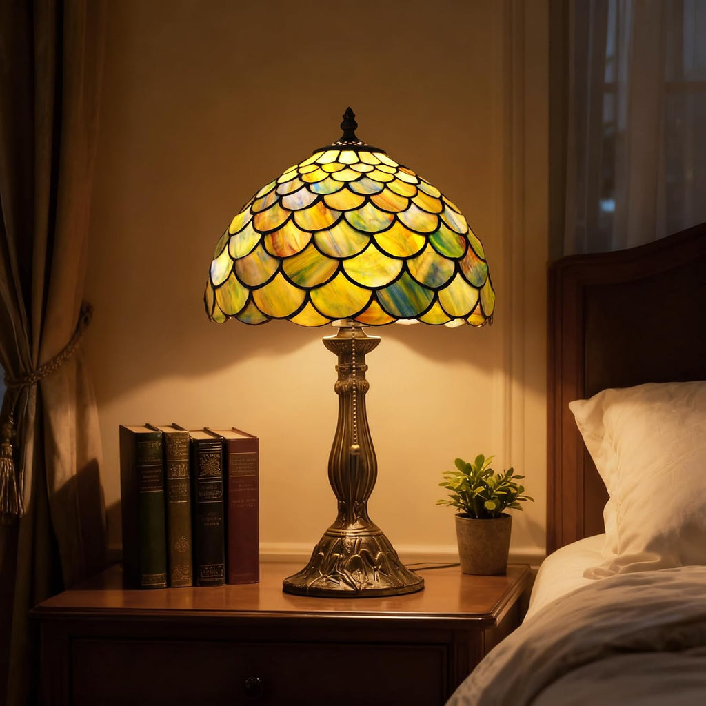 MOAN Lamp Stained Glass Table Lamp 12X12X19 Inch Bedside Reading Light Antique Bronze Base(Green Fish Scale Style)