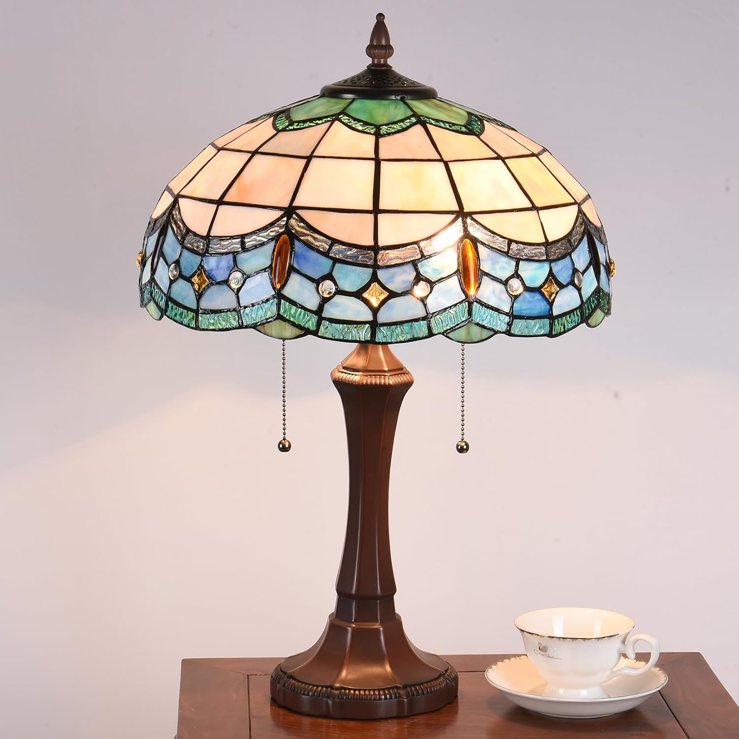 Tiffany Table Lamps 16' Wide Blue Stained Glass Bedside Lamp Victorian Reading 2 Lights Vintage Antique Desk Light Decor for Living Room Bedroom Home Office