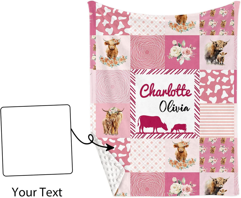 TOOTANN Custom Baby Crib Bedding Set, 5 Pcs Personalized Name Baby Crib Sheets for Kid Toddler Infant, Pink Background Highland Cow Plaid Pattern Nursery Bedding Set