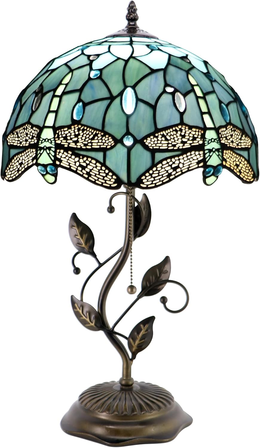 Tiffany Table Lamp Stained Glass Desk Lamp Metal Leaf Base Reading Light 12X19 Inch (Sea Blue Dragonfly)