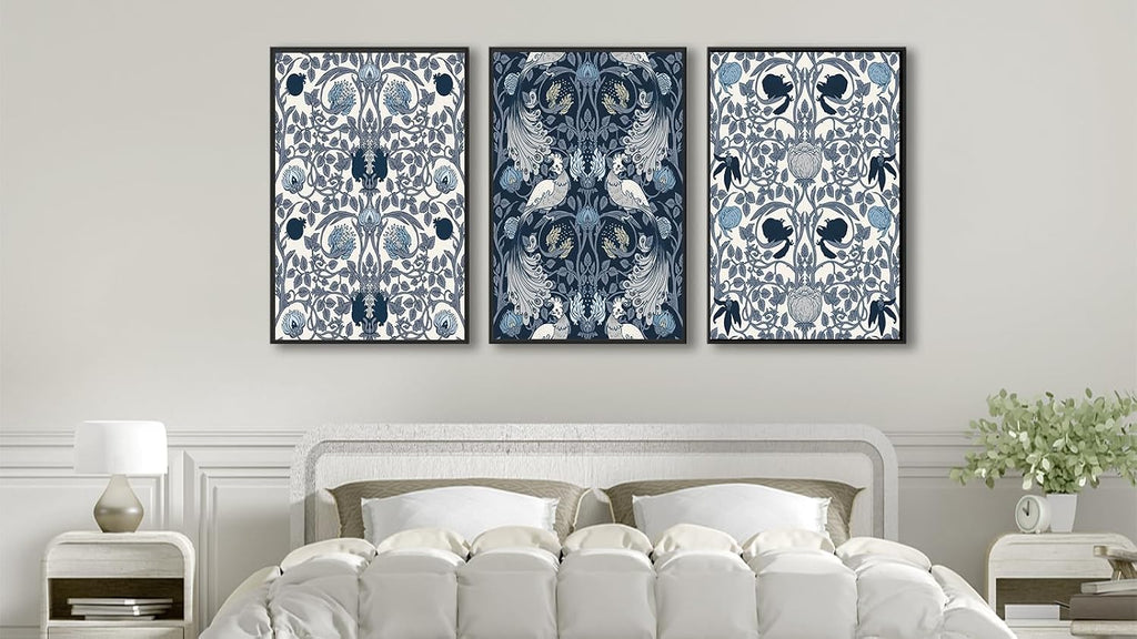 Large Framed Canvas Wall Art - Navy Blue Pictures William Morris Style for Living Room Boho Prints Bird Flower Wall Decor for Bedroom Dining Room Black Float Frame 32' X 48' X 3 Pieces