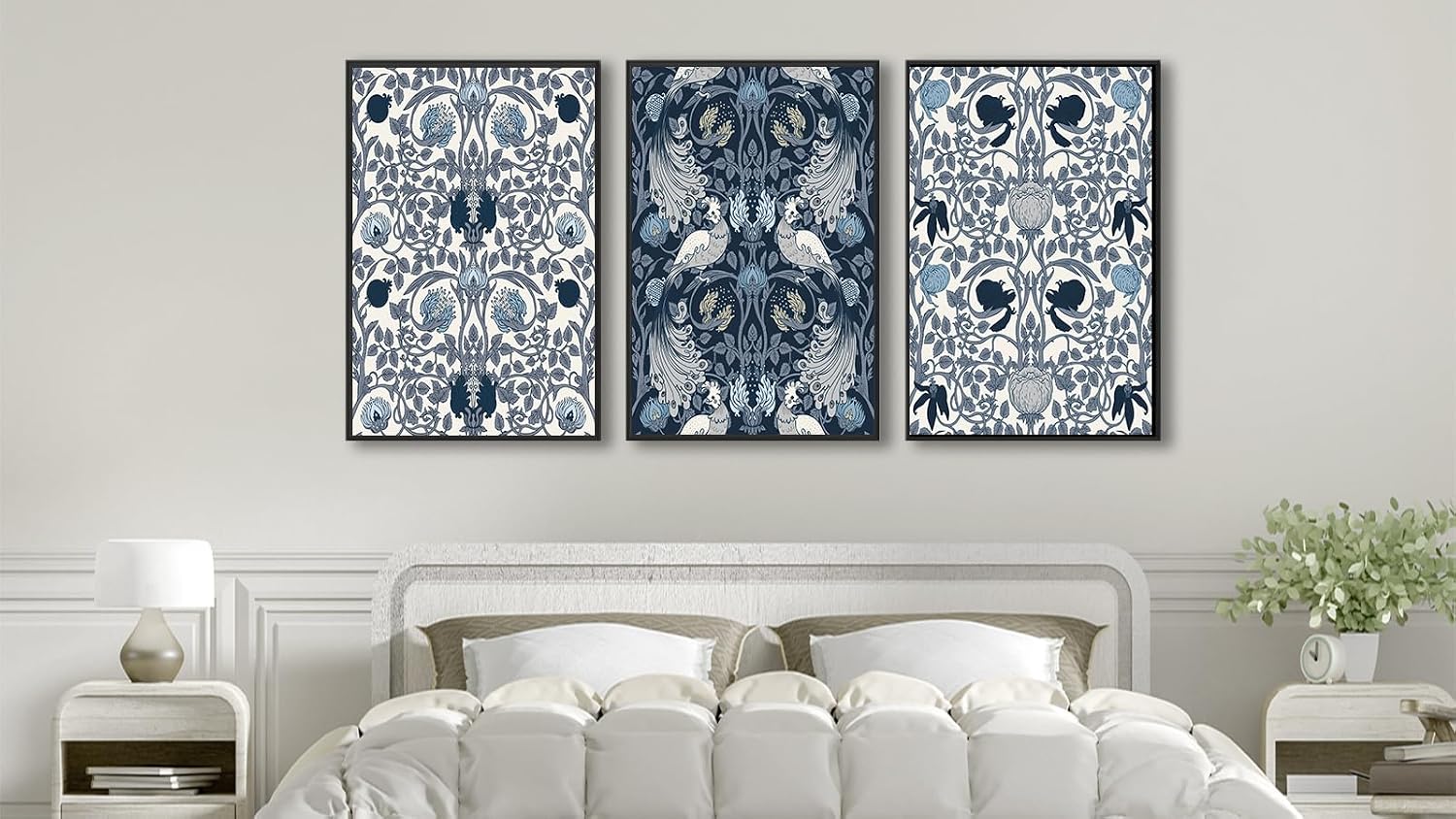 Large Framed Canvas Wall Art - Navy Blue Pictures William Morris Style for Living Room Boho Prints Bird Flower Wall Decor for Bedroom Dining Room Black Float Frame 32' X 48' X 3 Pieces