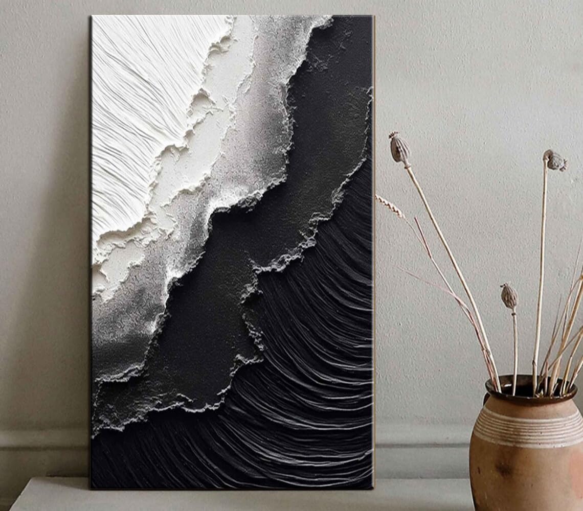 YaSheng Art - Vertical Wall Art Texture Abstract Oil Painting ,Hand Painted sea wave Black and White Wall Art Minimalist modern Art Paintings,, Home Living room Room Dining Room Bedroom Wall Decorative Art Oil Painting 24x48inch
