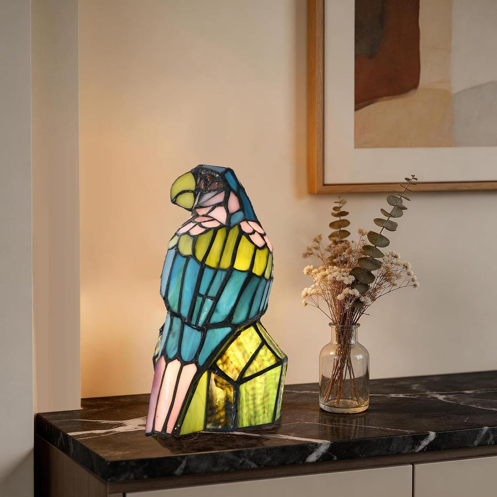A0023 Tiffany Style Stained Glass Parrot Table Lamp, Handcrafted Colorful Bird Accent Light,W 7.25' x H 11.5' Vintage Desk Lamp for Bedroom Living Room Cafe, LED Bulb Included