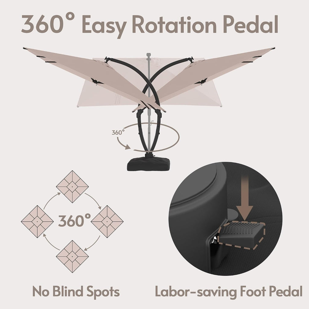 ENSTVER 11x11ft Large Cantilever Umbrella With Base Included & Solar Powered Led Lights, Deluxe Curvy All-Aluminum Rectangular Patio Umbrella For Deck, Pool And Backyard (Champagne)