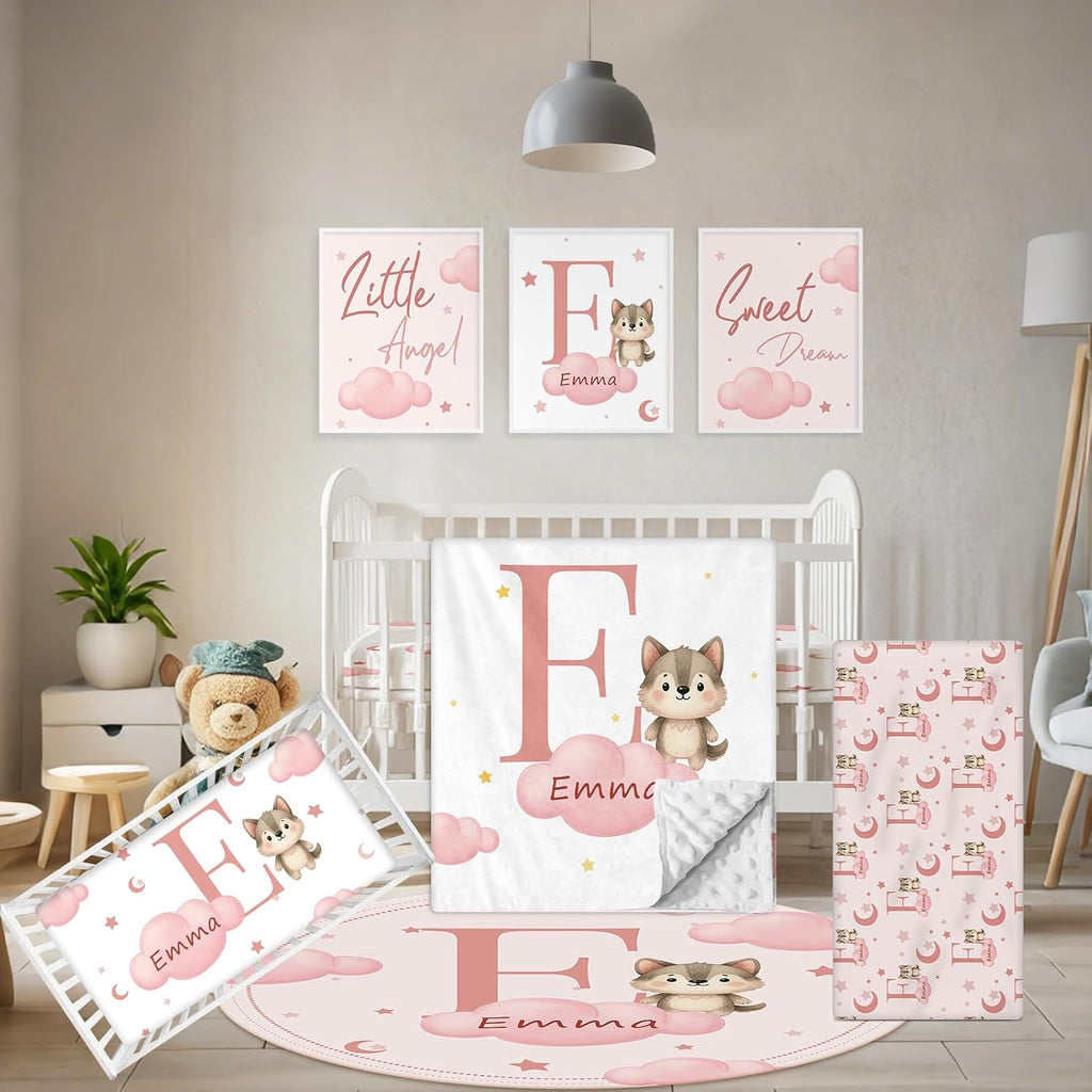 Terwex Personalized Crib Bedding Set, 5 Pcs Custom Nursery Bedding Sets with Name, Infant Bedding Set for Baby Girls Boys, Pink Fox Double Layer Baby Crib Set, Toddlers Babies Kids Customized Gifts