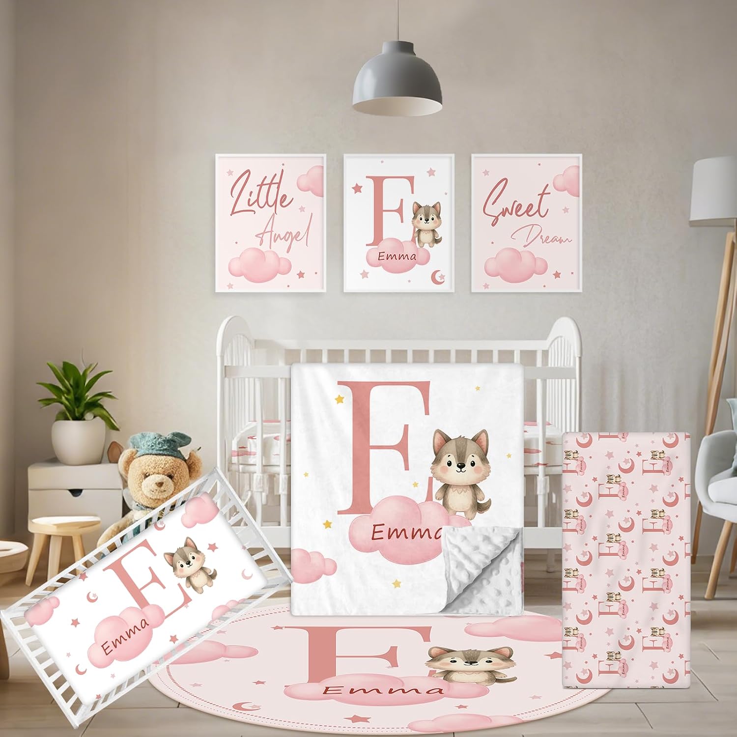 Terwex Personalized Crib Bedding Set, 5 Pcs Custom Nursery Bedding Sets with Name, Infant Bedding Set for Baby Girls Boys, Pink Fox Double Layer Baby Crib Set, Toddlers Babies Kids Customized Gifts