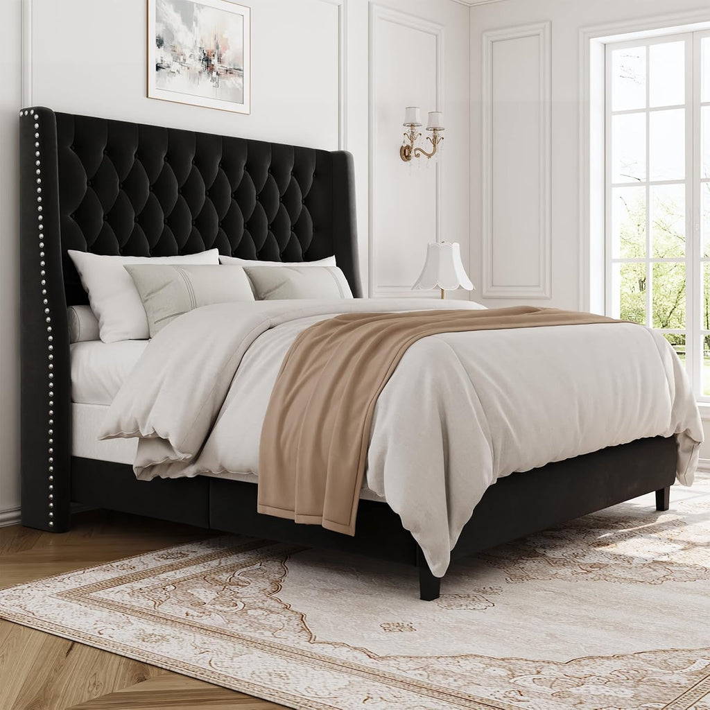 Full Bed Frame with 55' Tall Headboard, Upholstered Bed Frames, Soft Fabric, Button Tufted Headboard with Windback, Platform Bed, Noise-Free, No Box Spring Needed, Black
