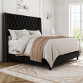 Full Bed Frame with 55' Tall Headboard, Upholstered Bed Frames, Soft Fabric, Button Tufted Headboard with Windback, Platform Bed, Noise-Free, No Box Spring Needed, Black