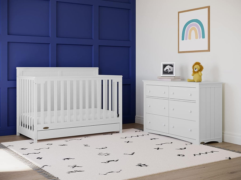 Graco Hadley 5-in-1 Convertible Crib with Drawer – GREENGUARD Gold Certified, Fits Standard Crib Mattress, Converts to Toddler Bed, Daybed and Full Bed, 4 Adjustable Mattress Heights (White)
