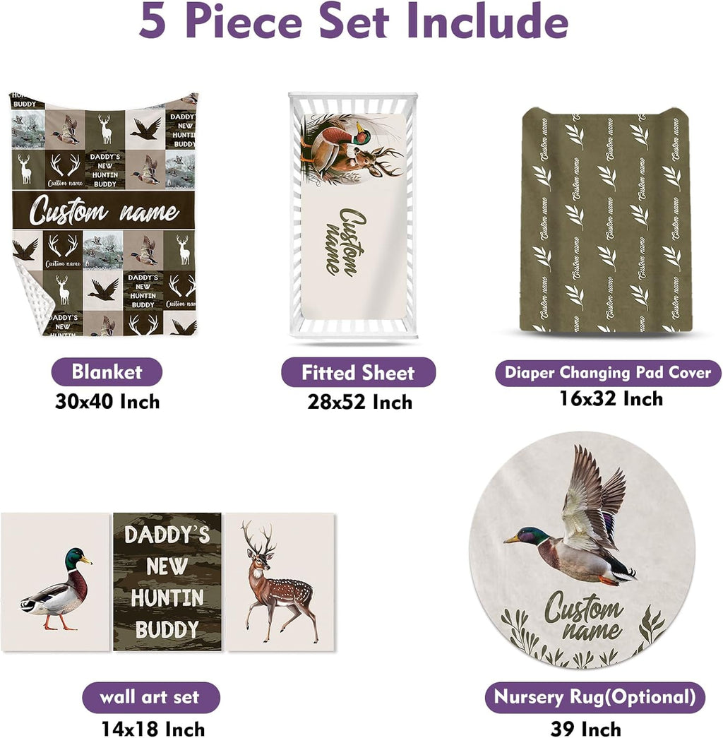 Personalized Crib Bedding Set for Baby Boys, Hunting Duck Pattern Custom Name Baby Crib Sets 5-Pcs, Double Layer Baby Blanket Fitted Sheet Changing Pad Cover Rug Wall Art Set