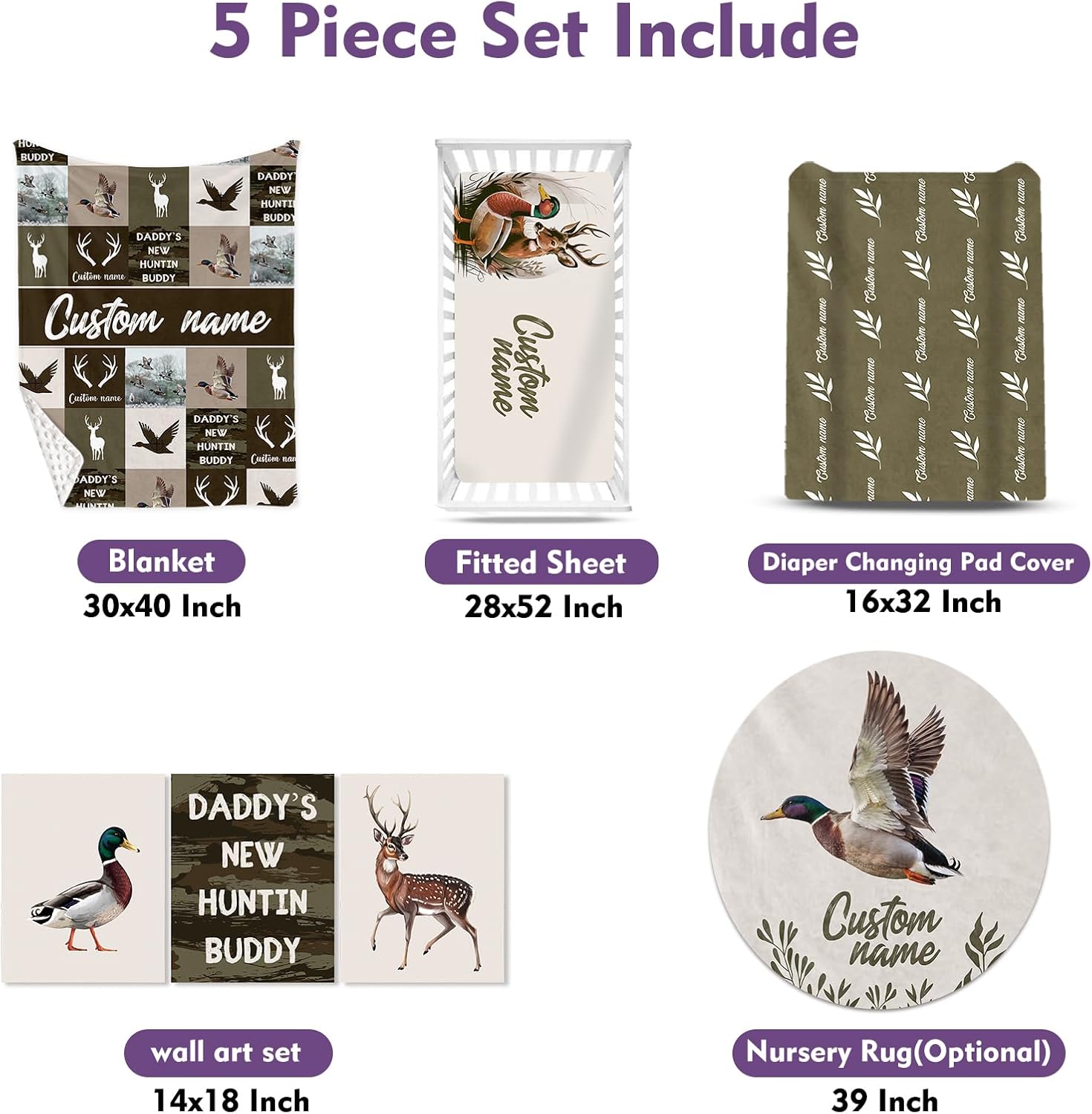 Personalized Crib Bedding Set for Baby Boys, Hunting Duck Pattern Custom Name Baby Crib Sets 5-Pcs, Double Layer Baby Blanket Fitted Sheet Changing Pad Cover Rug Wall Art Set