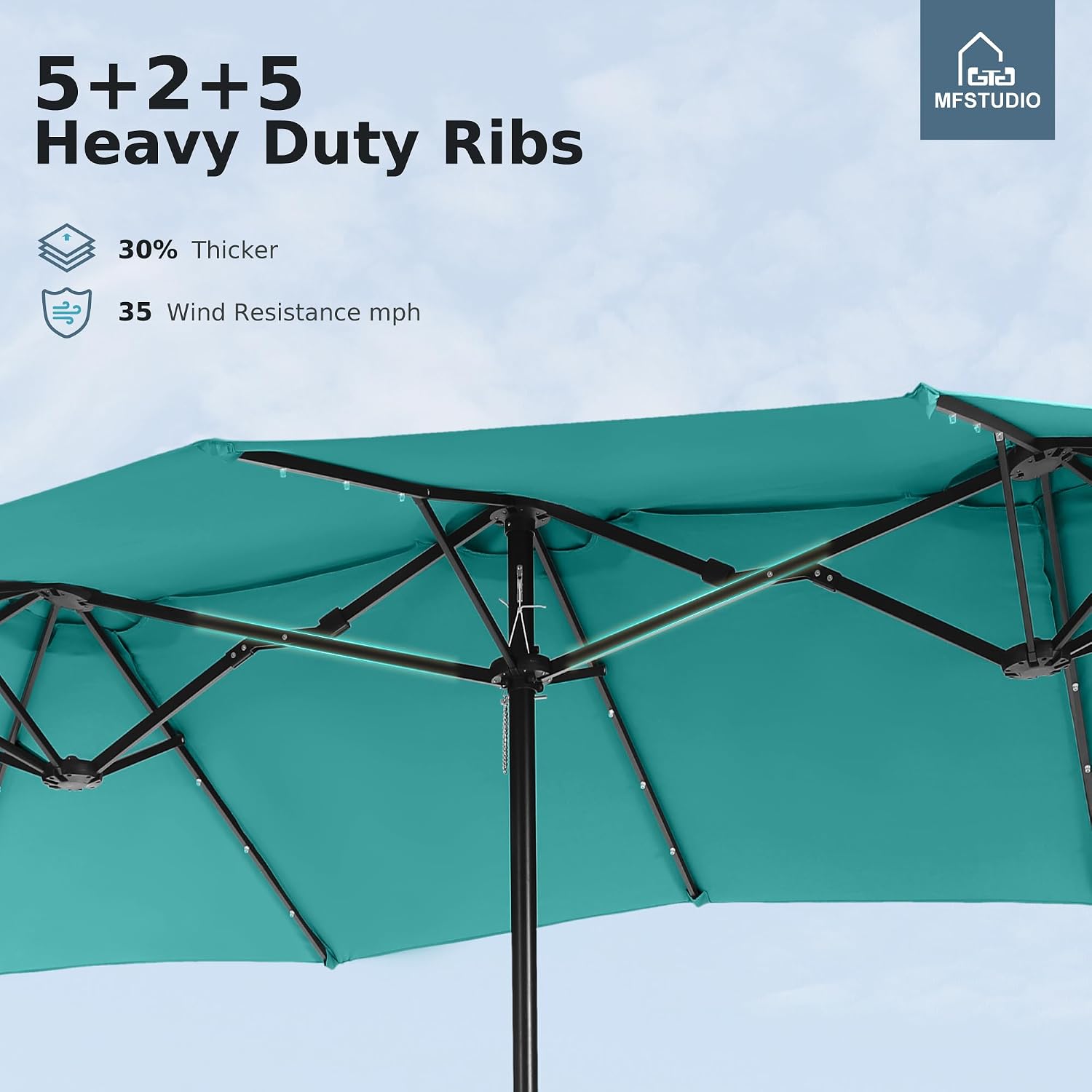 MFSTUDIO 15ft Double Sided Patio Umbrella with Solar Lights, Outdoor Large Umbrellas with Crank Handle and 36 LED Lights, Rectangular Market Umbrella with Base Included for Deck Pool Shade, Turquoise