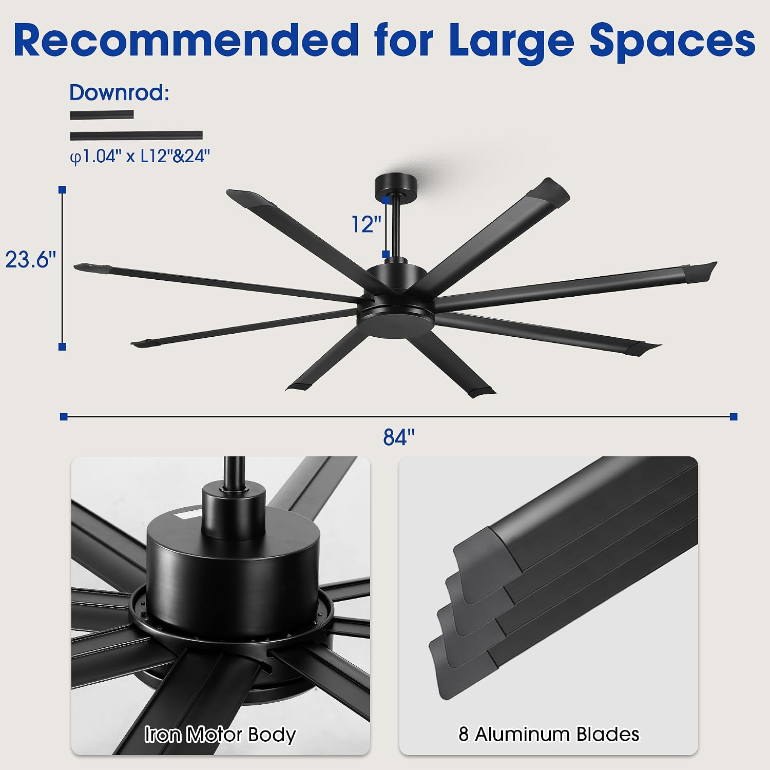 84 Inch Industrial Ceiling Fan No Light, Large Black Ceiling Fan without Light with Remote Control, High CFM Reversible DC Motor, 8 Aluminum Blades, Commercial Fan for Shop Garage Gym Warehouse