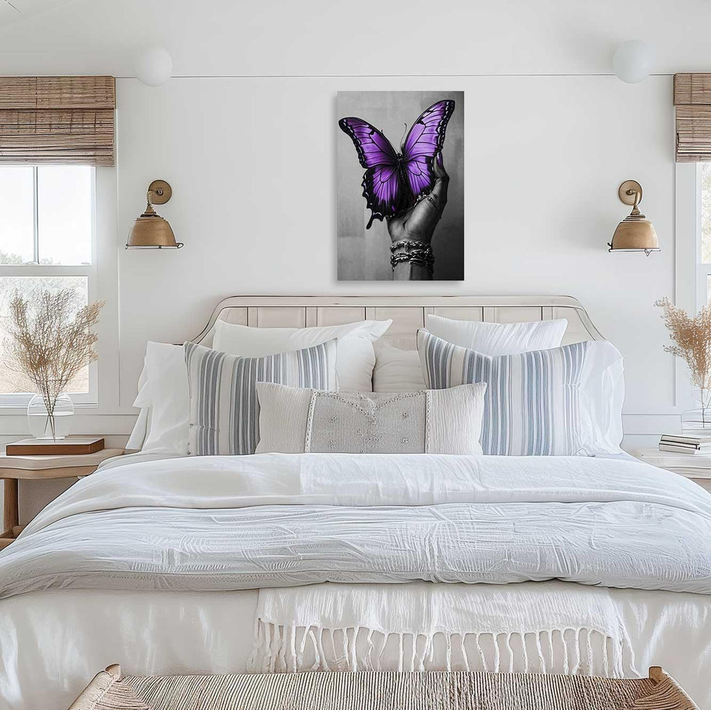 AWPANERAR Abstract Women Canvas Wall Art Black Woman Hand and Butterfly Picture Prints Black Girl and Butterfly Painting African American Artwork Bedroom Decor Framed (Purple, (42L x 28W))