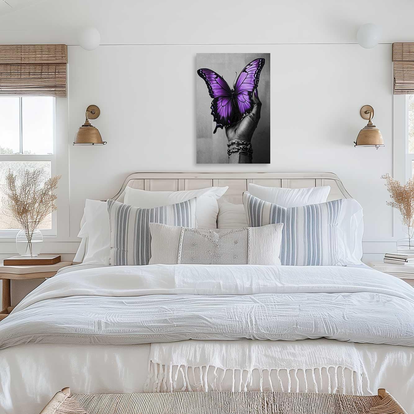 AWPANERAR Abstract Women Canvas Wall Art Black Woman Hand and Butterfly Picture Prints Black Girl and Butterfly Painting African American Artwork Bedroom Decor Framed (Purple, (42L x 28W))