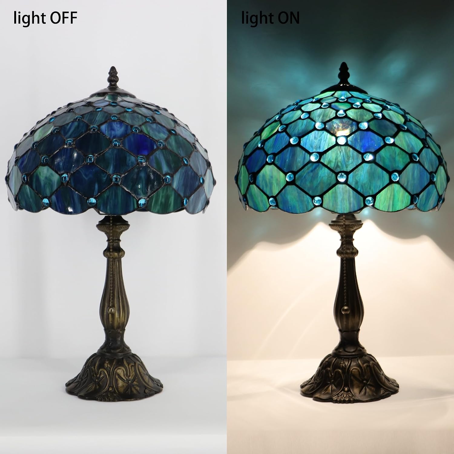 Tiffany Lamp Stained Glass Table Lamp Bedside Reading Light W12H19 Inches (Sea Blue Pearl Style)
