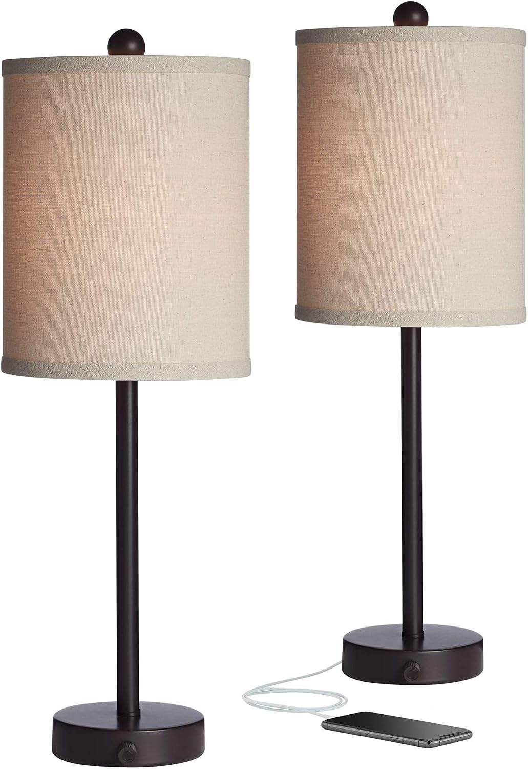 360 Lighting Trotter Modern Industrial Table Lamps 23.75' High Set of 2 with USB and Outlet in Base Dimmable LED Oil Rubbed Bronze Burlap Fabric Shades Living Room Desk Bedroom House Bedside