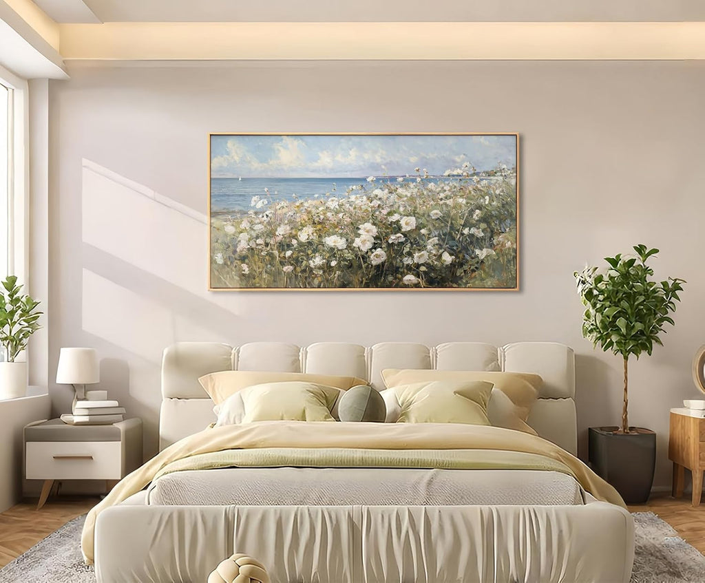 Large Framed Wall Art for Living Room Decor - Farmhouse Beach Coastal Painting Vintage Floral Ocean Wall Picture 3d Textured Flowers Canvas Print Artwork for Home Bedroom Office 24'x48'(Framed