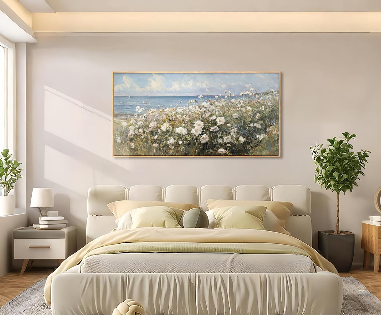 Large Framed Wall Art for Living Room Decor - Farmhouse Beach Coastal Painting Vintage Floral Ocean Wall Picture 3d Textured Flowers Canvas Print Artwork for Home Bedroom Office 24'x48'(Framed