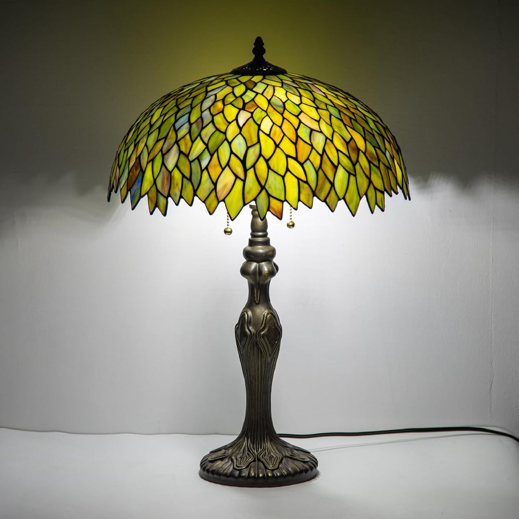 Tiffany Lamp 16' Stained Glass Table Lamp for Large Space Vintage Style Antique Bronze Base Desk Light Decorate Bedside Bedroom Living Room Entry Hallway Home Office (Green Wisteria)