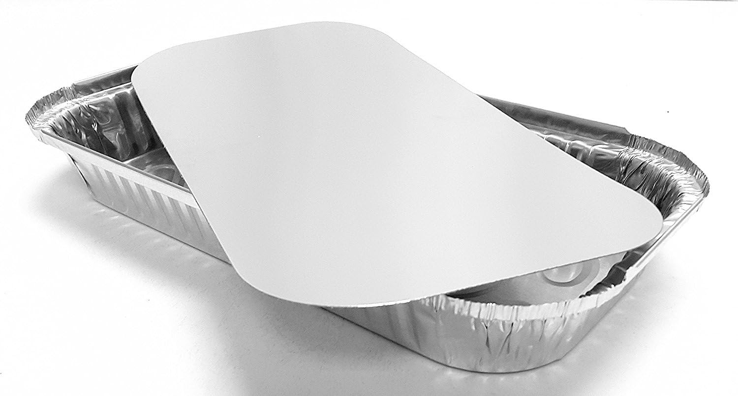 PACTOGO 3 lb. Oblong Aluminum Foil Entrée Take-Out Pan with Board Lid Disposable Containers 12.37' x 6.57' x 1.43' (Pack of 100 Sets)